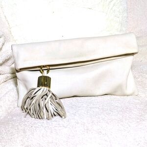India Hicks-London Carmen Cream Leather Folding Clutch Bag, Zip Top, Gold Accent